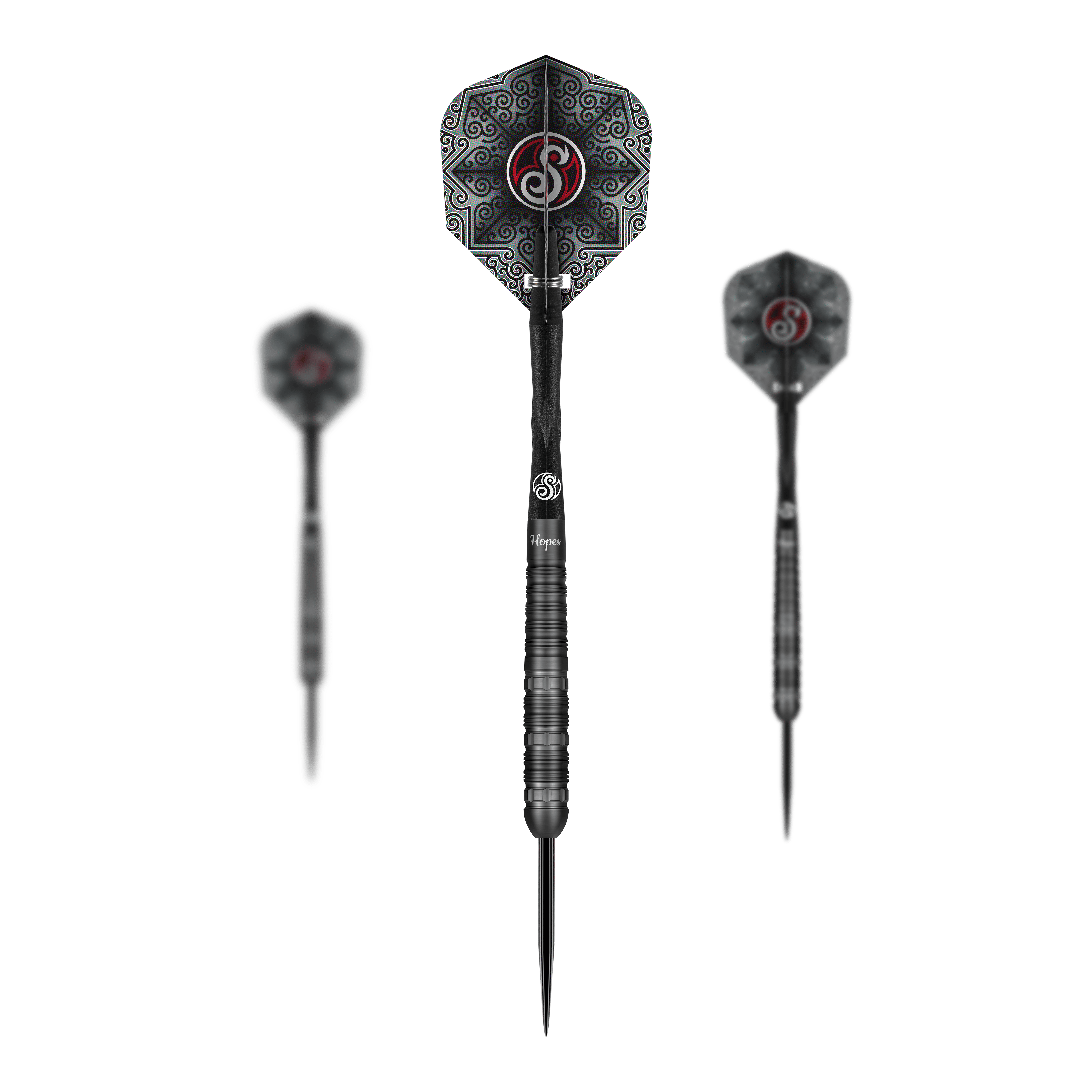 Das Bild zeigt drei Steeldarts des Produkts "Shot Pro-Series Haupai Puha 2" mit einem Gewicht von 24 Gramm. Die Darts haben ein schwarzes Design mit auffälligen Mustern auf den Flights.